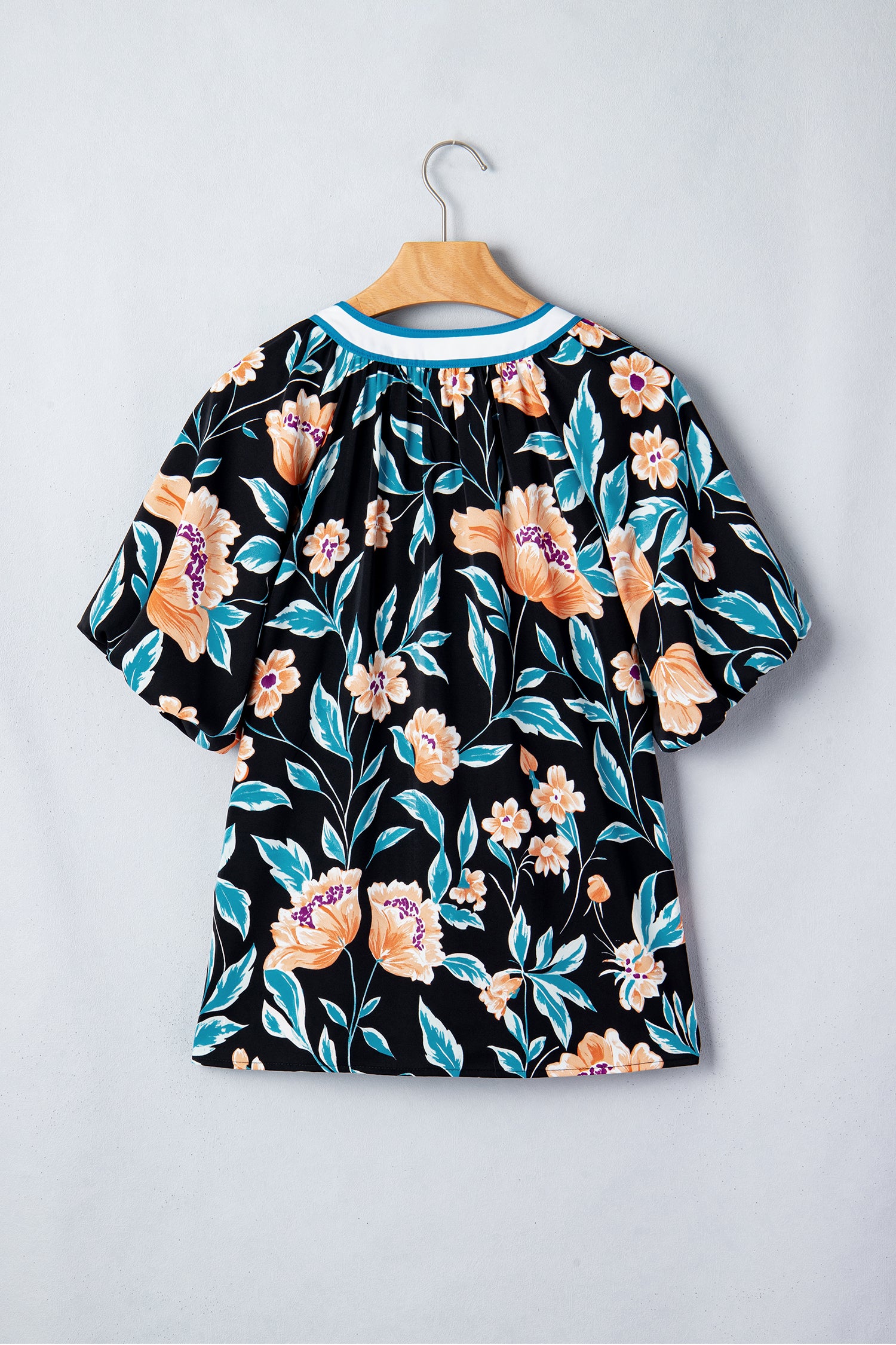 Black Floral Short Bubble Sleeve Buttoned Notched Neck Blouse