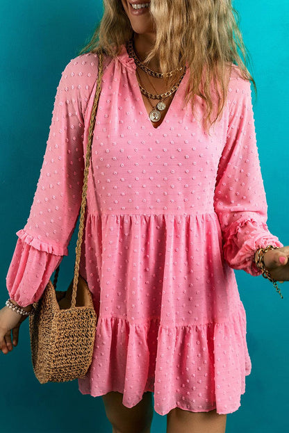 Pink Swiss Dotted Split Neck Tiered Ruffled Short Dress - L & M Kee, LLC
