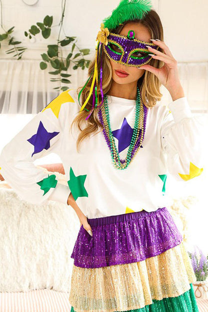 White Mardi Gras Star Printed Long Sleeve Top - L & M Kee, LLC