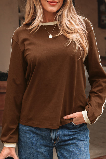 Dark Brown Varsity Striped Accent Contrast Crew Neck Long Sleeve T Shirt