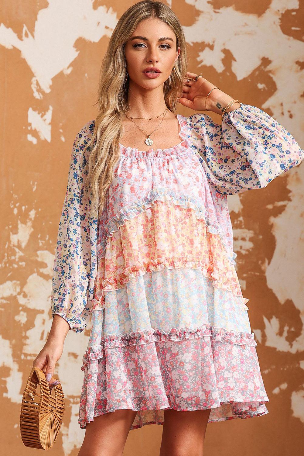 Floral Colorblock Tiered Puff Sleeve Dress - L & M Kee, LLC