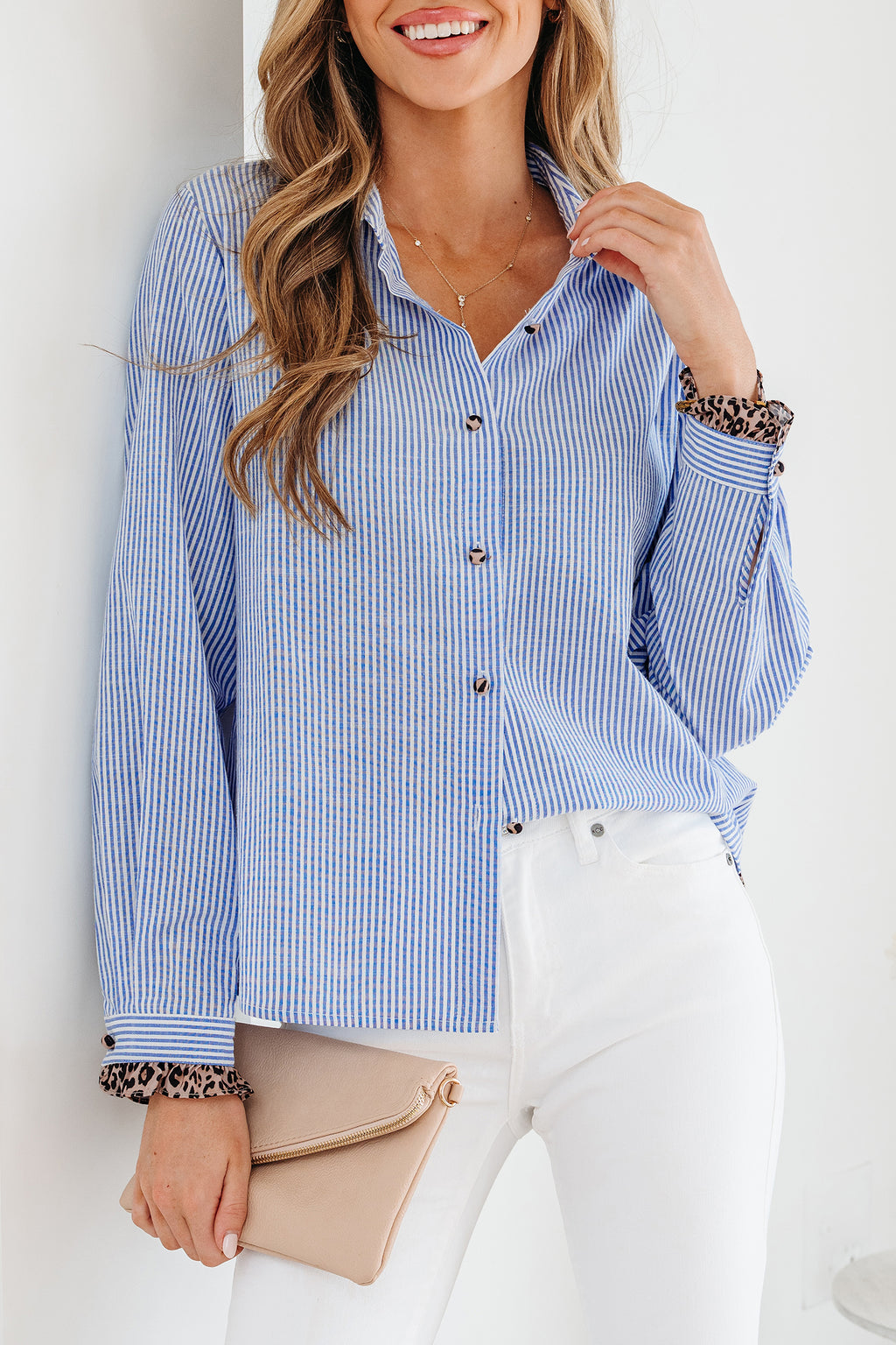 Sky Blue Stripe Contrast Frilled Leopard Trim Casual Long Sleeve Shirt