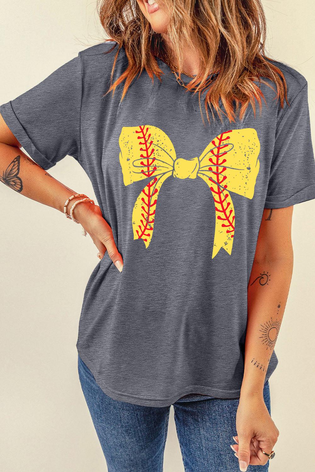 Gray Baseball Bowknot Graphic Casual Tee - L & M Kee, LLC