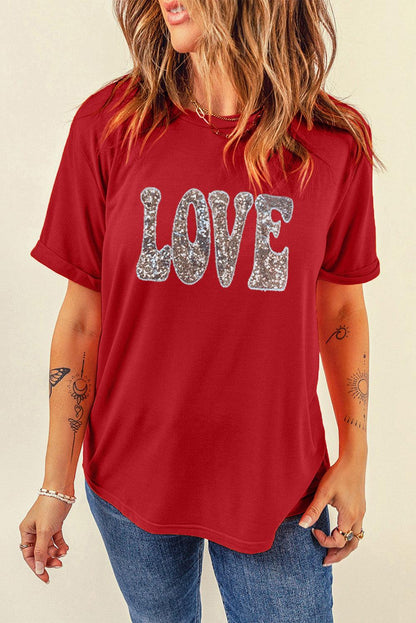 Red Sequined LOVE Letter Valentines T-shirt - L & M Kee, LLC