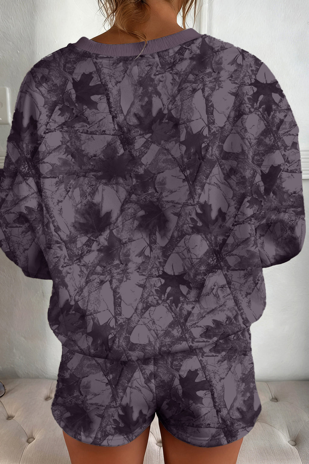 Brown Abstract Woodland Camo Print Baggy Pullover Drawstring Shorts Set