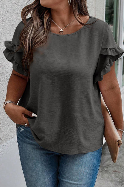 Dark Grey Ruffled Short Sleeve Plus Size Top - L & M Kee, LLC