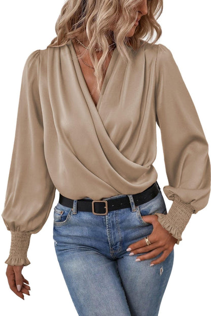 Black Solid Surplice Neck Shirred Cuffs Draped Blouse - L & M Kee, LLC