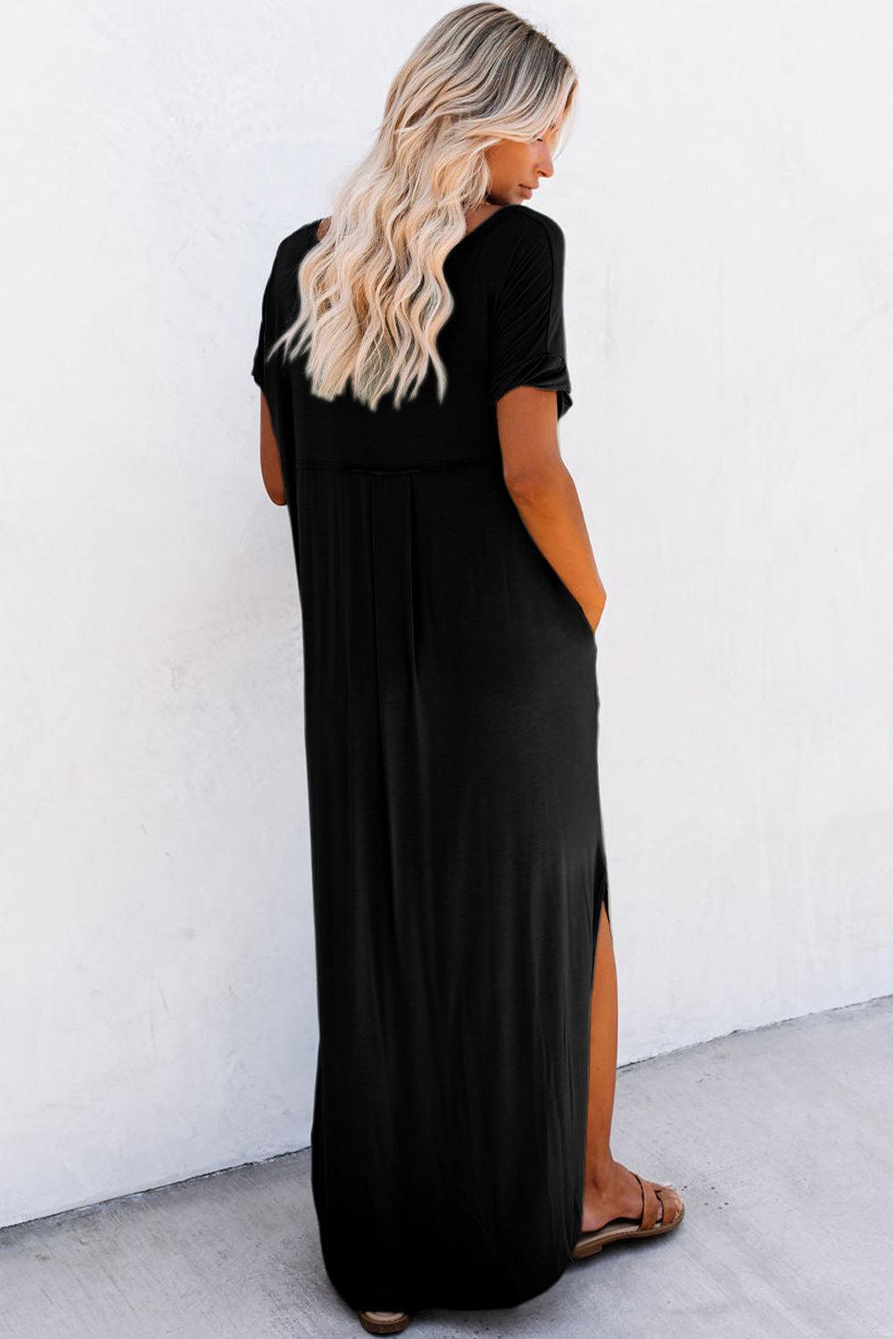 Black V Neck Hidden Pocket Splits Maxi T-shirt Dress - L & M Kee, LLC