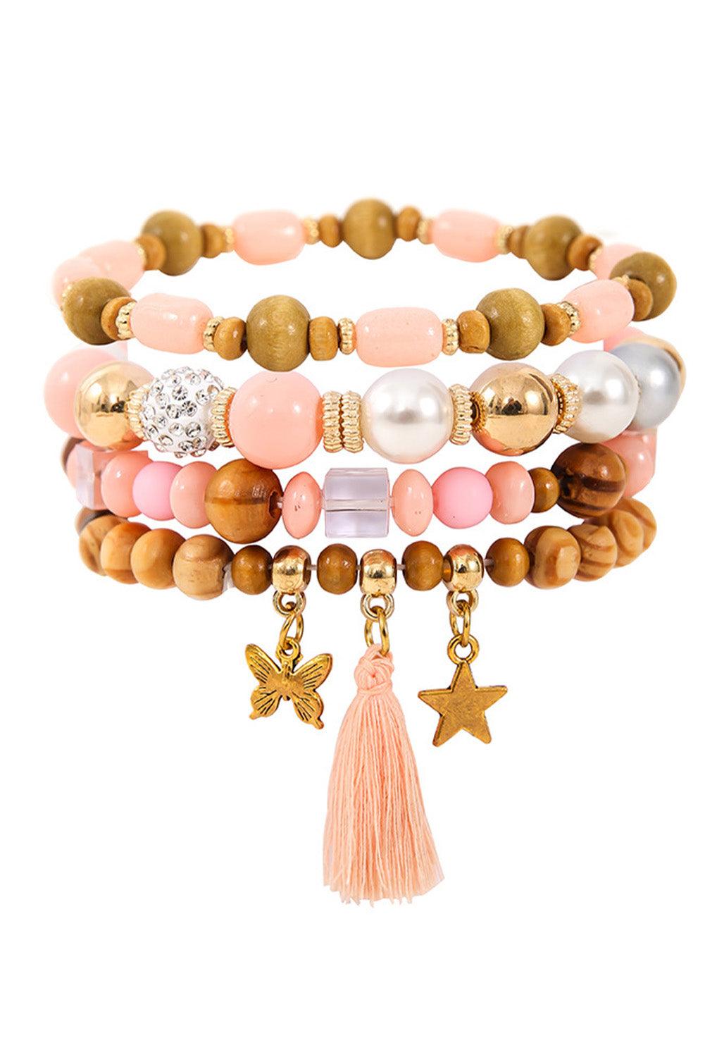 Pink 4Pcs Butterfly Star Pendant Tassel Beaded Bracelet Set