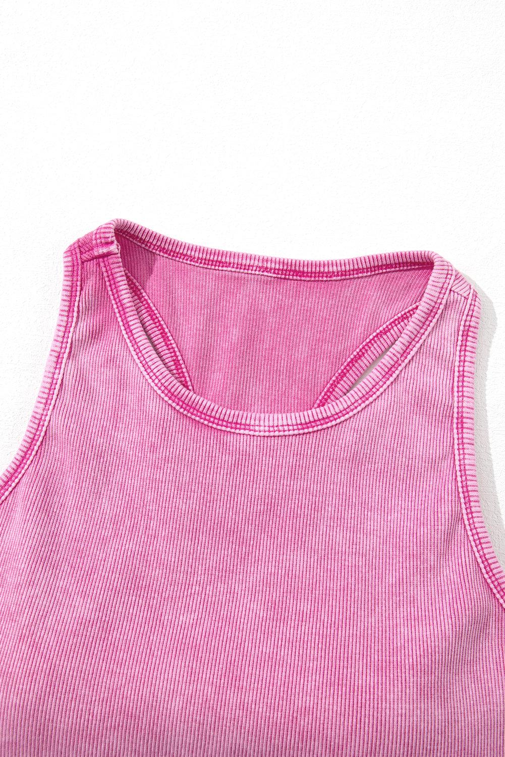 Pink Ribbed Mineral Wash Racerback Cropped Tank Top - L & M Kee, LLC