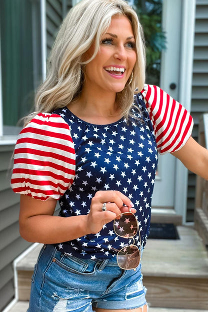 Navy Blue 4th Of July Stars Stripes Puff Sleeve T Shirt - L & M Kee, LLC