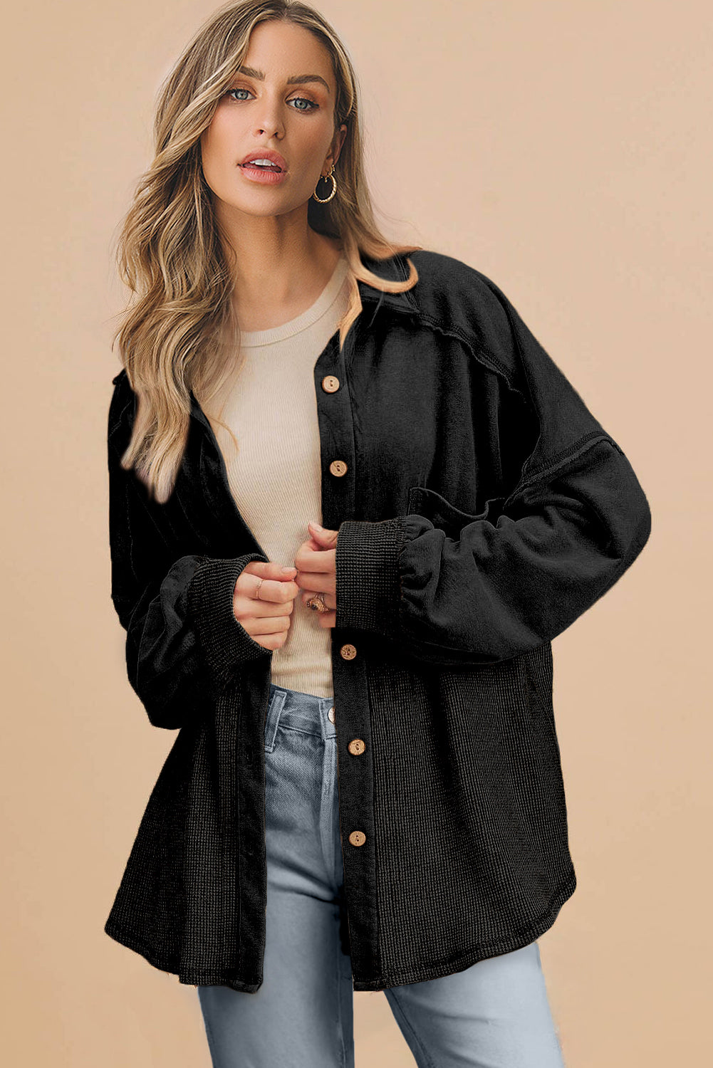 Black Waffle Knit Patchwork Exposed Seam Loose Shacket