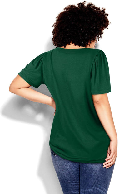 Green Plus Size Square Neck Ruched Shoulder Short Sleeve Top - L & M Kee, LLC