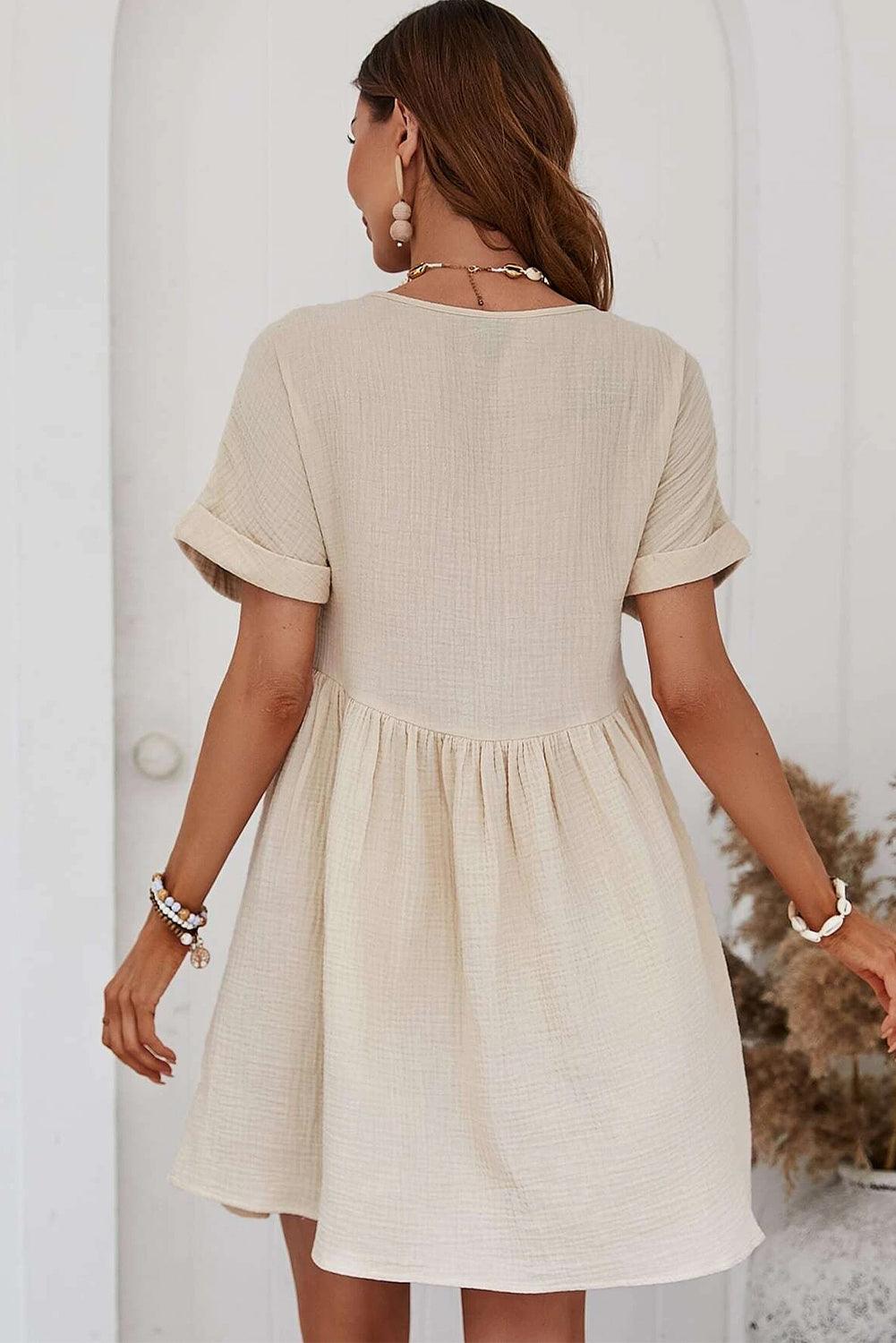 Beige Folded Short Sleeve Lace V Neck Mini Dress - L & M Kee, LLC