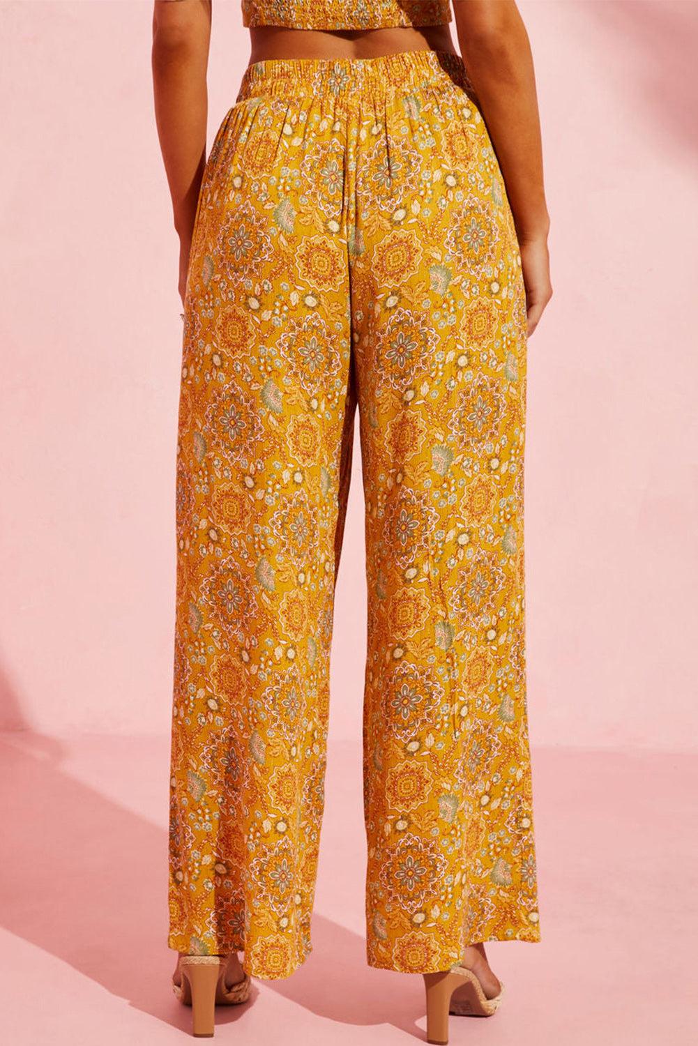 Yellow Bohemian Floral Print Pocketed Wide Leg Pants - L & M Kee, LLC