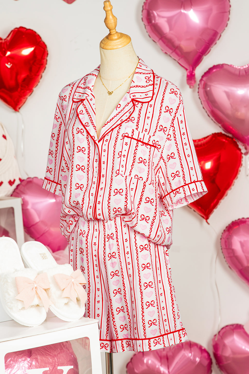 Red Cute Bow Heart Print Ribbon Decor Short 2pcs Pajama Set