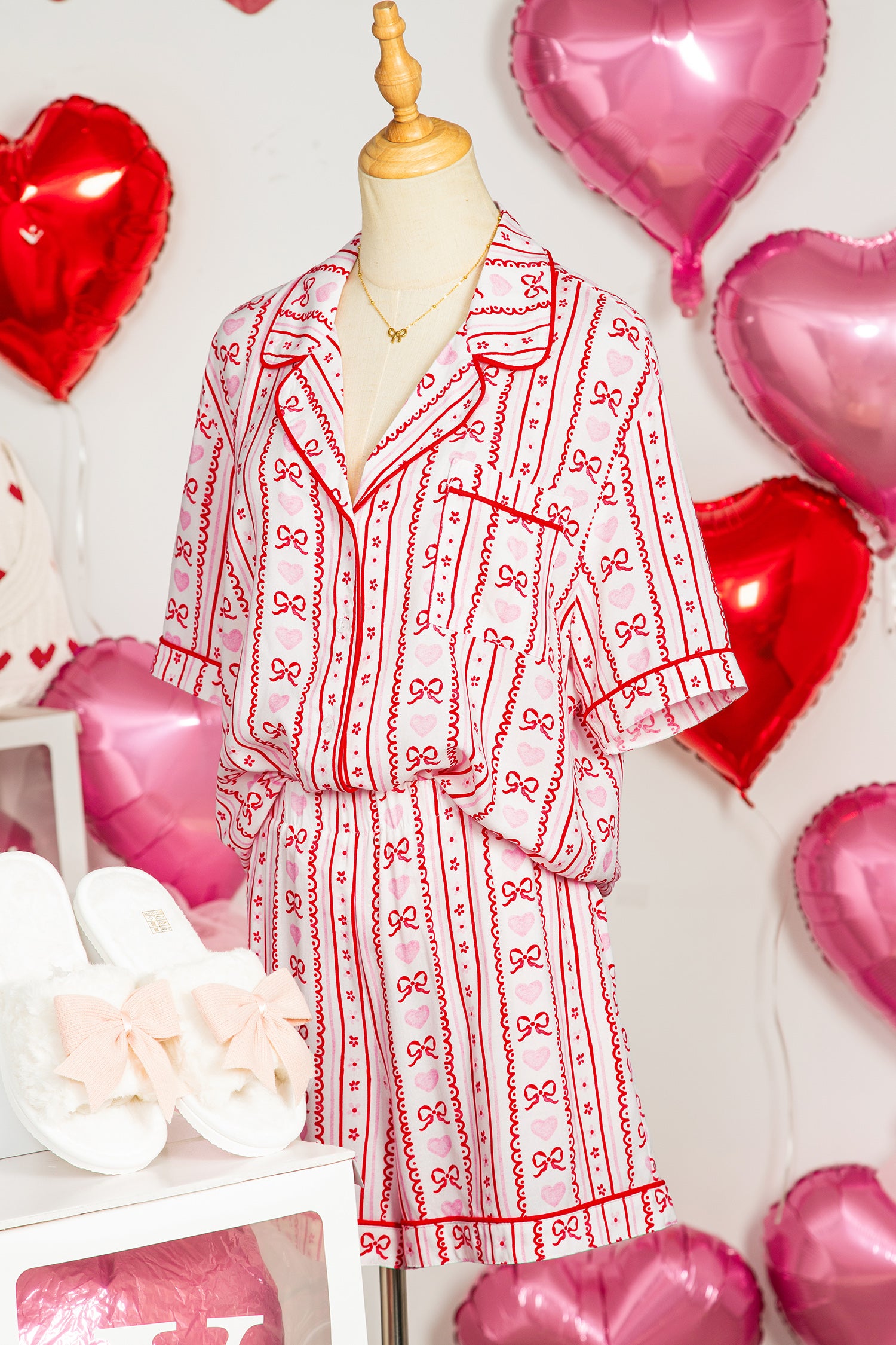 Red Cute Bow Heart Print Ribbon Decor Short 2pcs Pajama Set