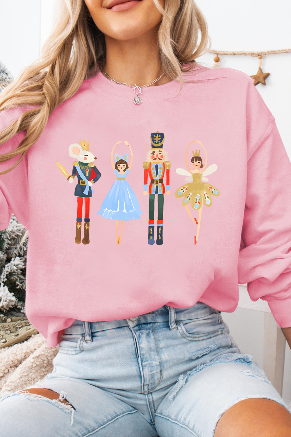 Pink Christmas Nutcracker Fairy Printed Pullover Sweatshirt