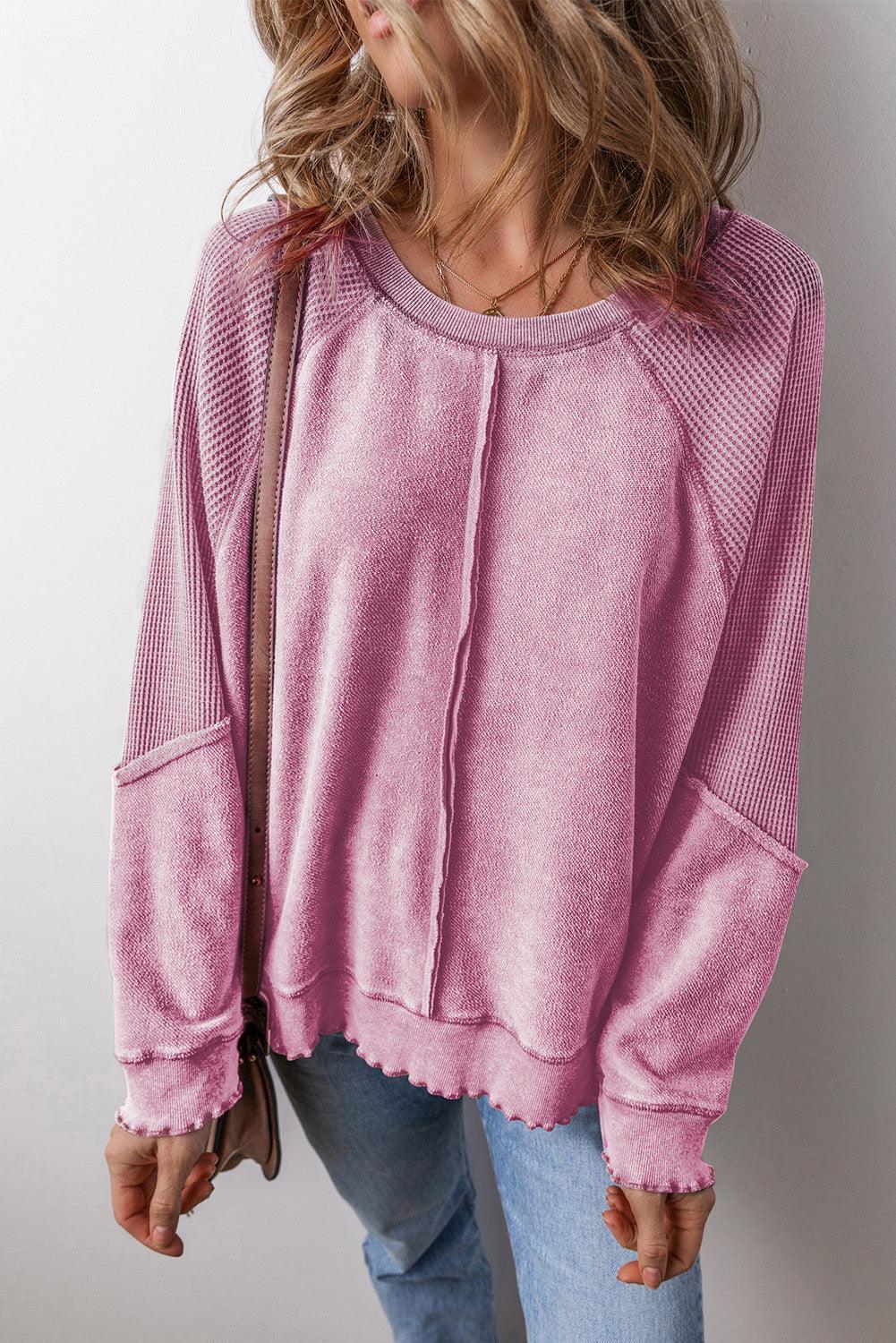 Pink Waffle Knit Patchwork Exposed Seam Raglan Sweatshirt - L & M Kee, LLC