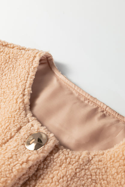 Light French Beige Big Button Accent Fuzzy Pocket Vest