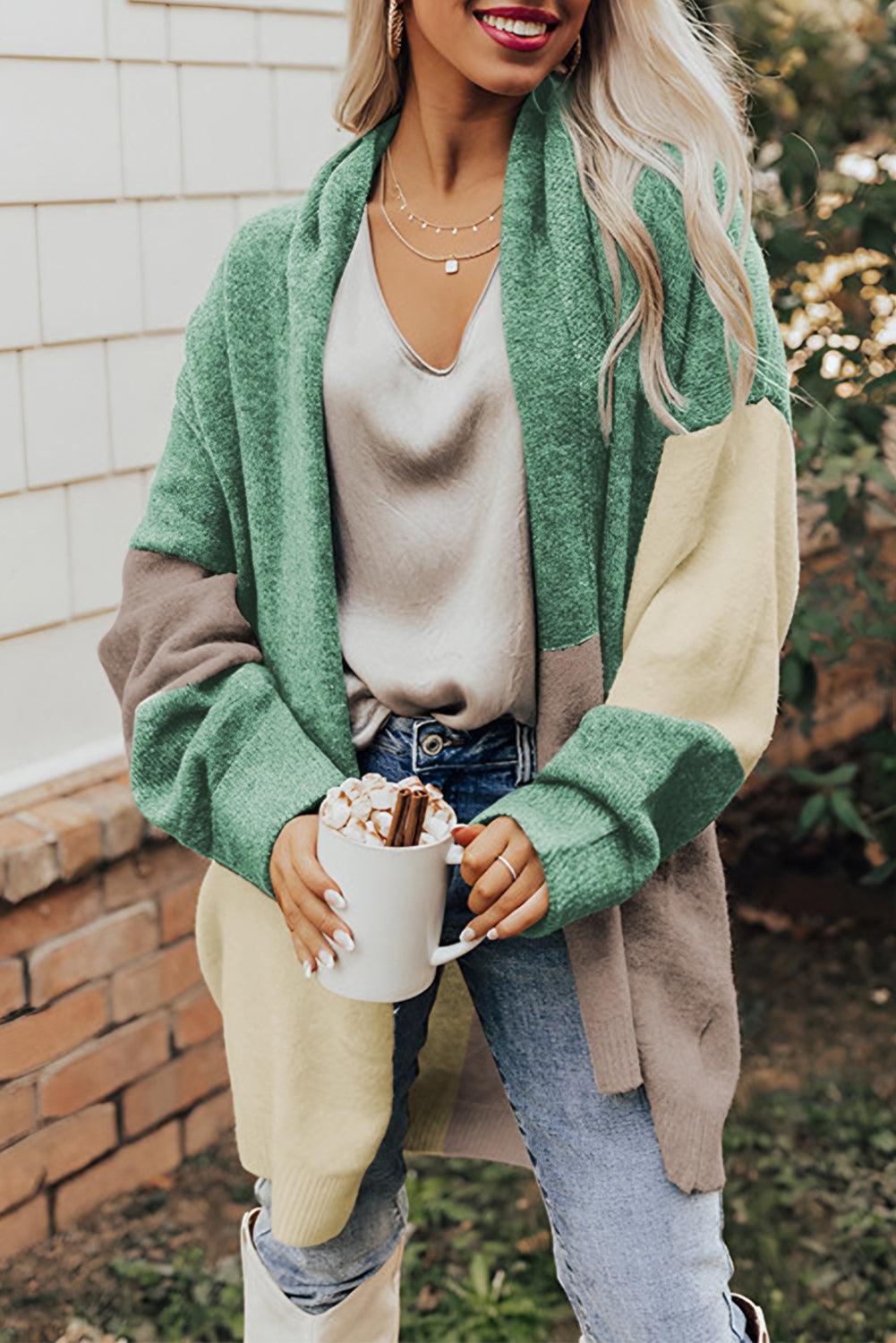 Green Colorblock Draped Open Front Chunky Cardigan - L & M Kee, LLC