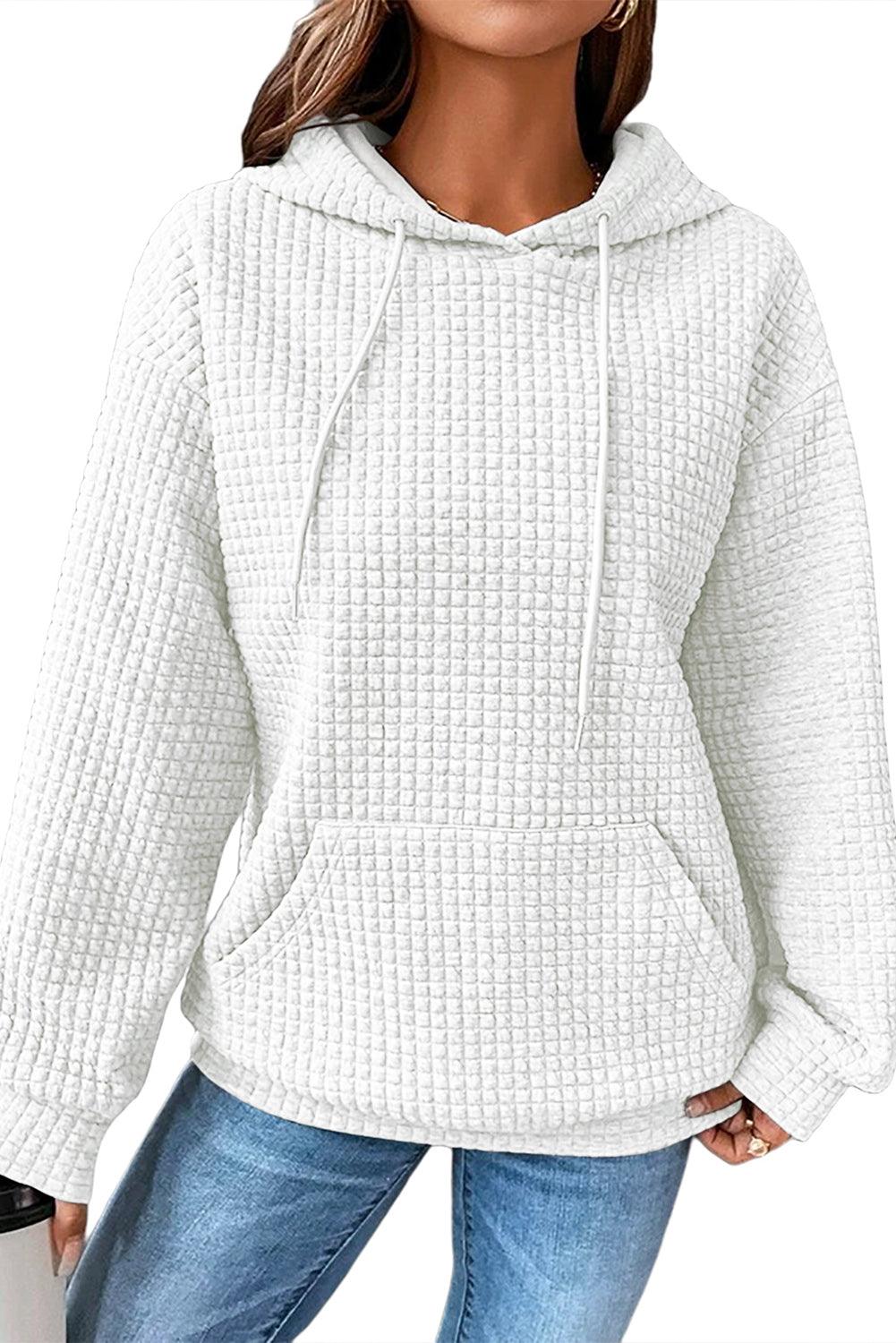 White Lattice Textured Kangaroo Pocket Drawstring Hoodie - L & M Kee, LLC