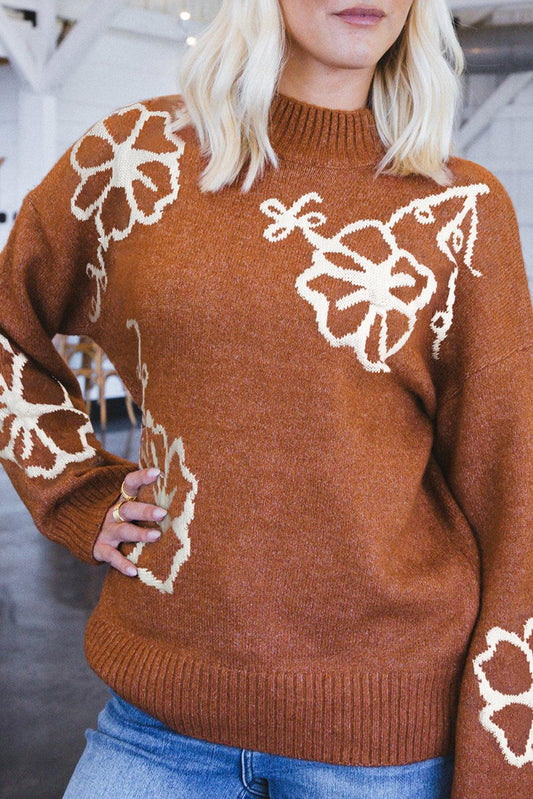 Chestnut Floral Print Ribbed Trim Knitted Sweater - L & M Kee, LLC