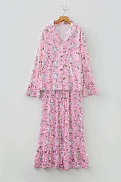 Pink Christmas Print Ruffled Ribbed Shirt & Pants 2 Piece PJ Set