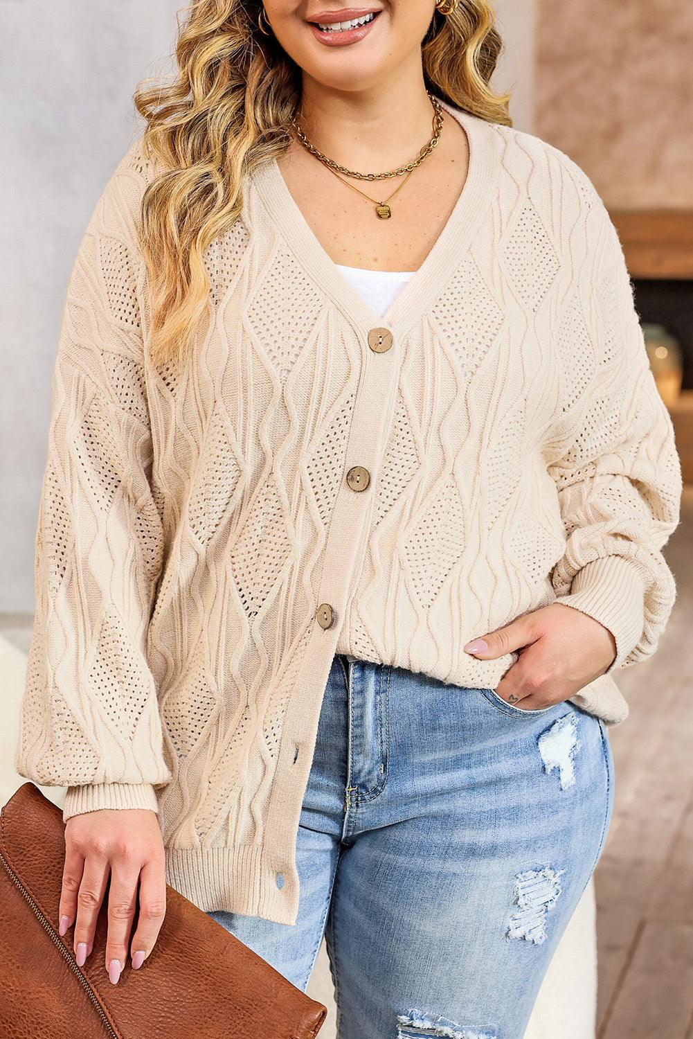 Apricot Plus Size Knitted Hollow out Button up Cardigan - L & M Kee, LLC