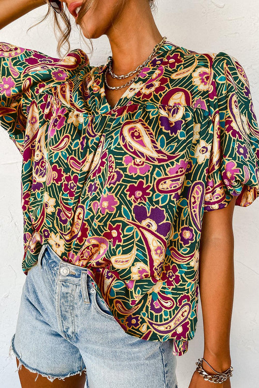 Green V Neck Short Bubble Sleeve Paisley Blouse - L & M Kee, LLC