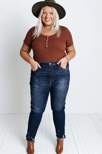 Chestnut Plus Size Ribbed Knit Henley Tee - L & M Kee, LLC