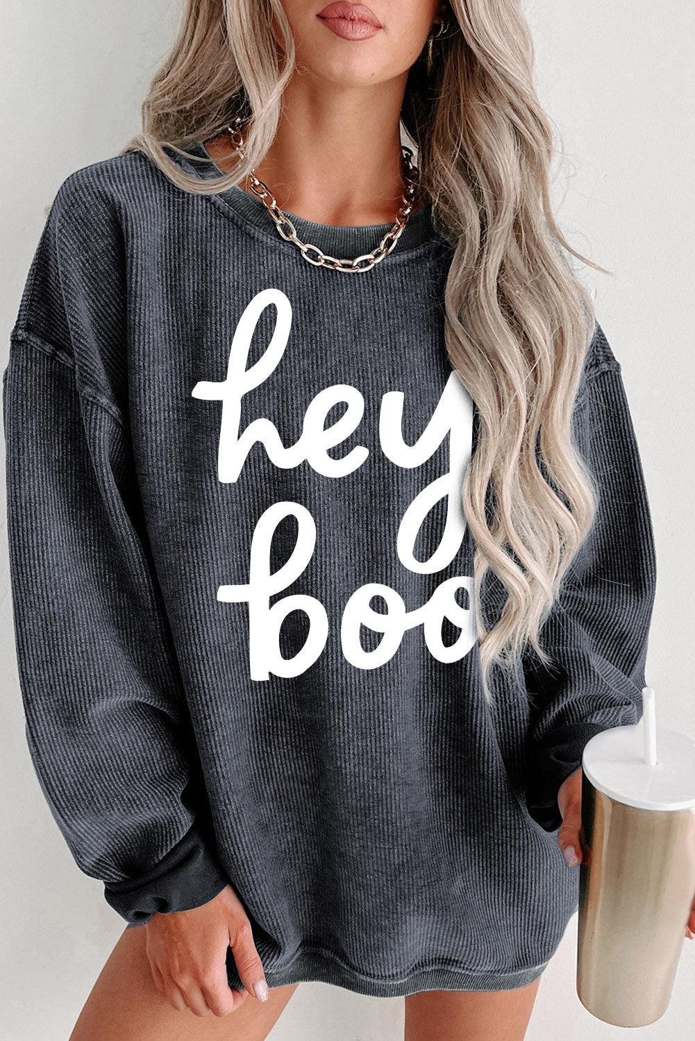 Gray hey boo Graphic Corded Halloween Sweatshirt - L & M Kee, LLC