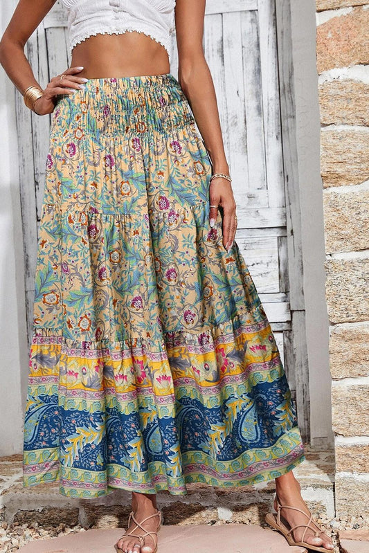 Sky Blue Boho Floral & Paisley Print Shirred Waist Long Skirt - L & M Kee, LLC
