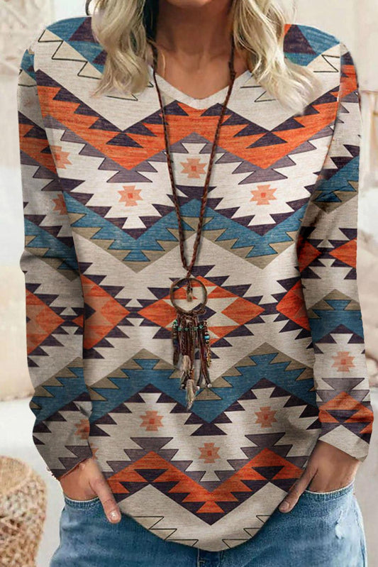 Multicolor Aztec Print V Neck Long Sleeve Top - L & M Kee, LLC