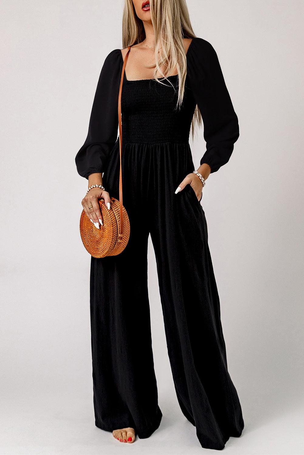 Black Smocked Square Neck Long Sleeve Wide Leg Jumpsuit - L & M Kee, LLC