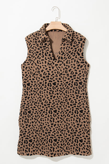 Khaki Leopard Print V Neck Sleeveless Collared Mini Dress