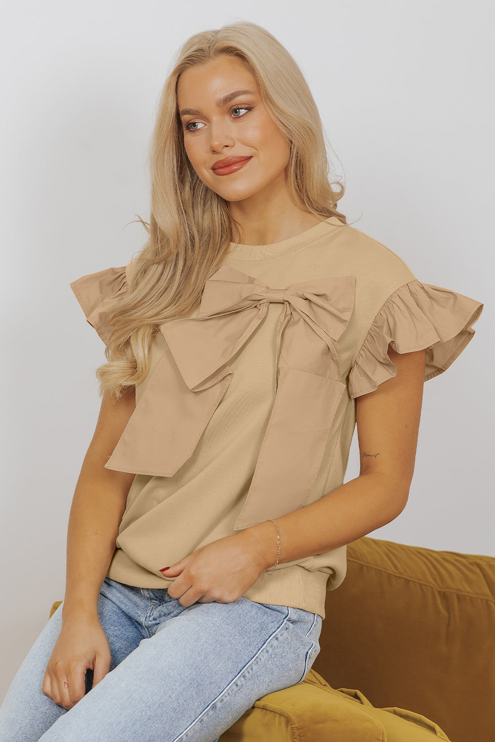 Parchment Two Tones Ribbon Bow Ruffle Sleeve Top