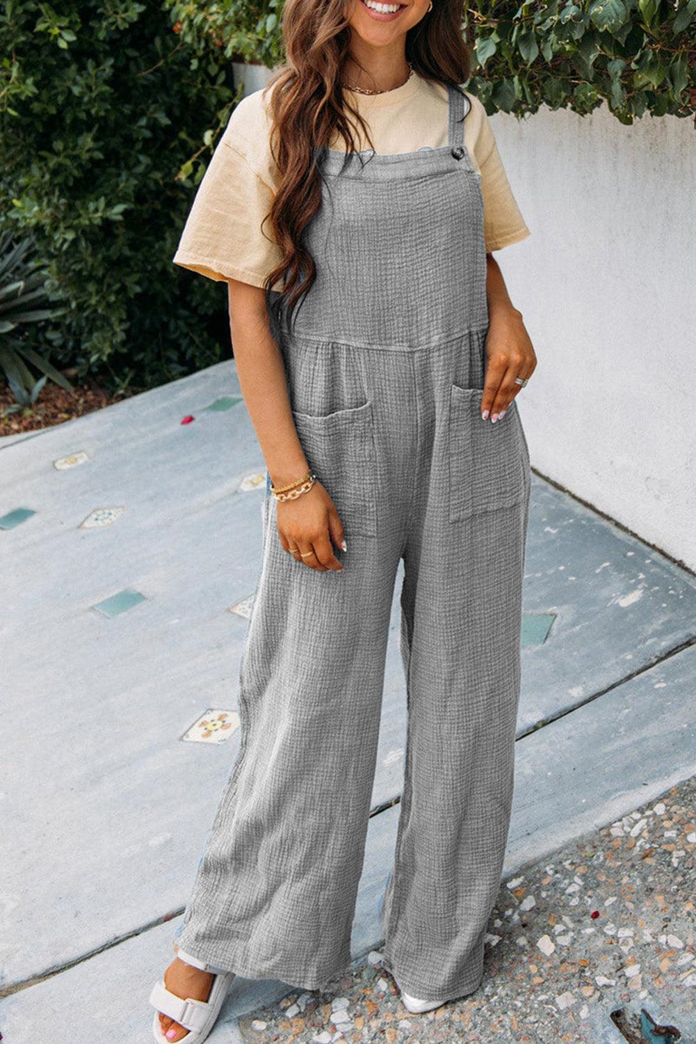 Textured Wide Leg Overall with Pockets - L & M Kee, LLC