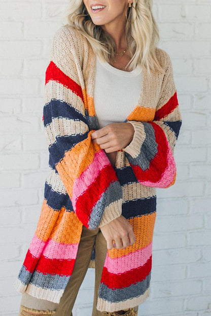 Stripes Knitted Balloon Sleeve Open Cardigan - L & M Kee, LLC