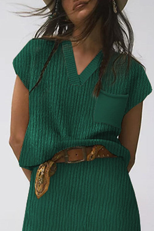 Blackish Green Chest Pocket V Neck Ribbed Cap Sleeve Sweater - L & M Kee, LLC