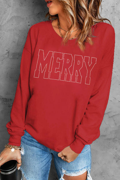 Red Rhinestone MERRY Letter Graphic Christmas Fashion Sweatshirt