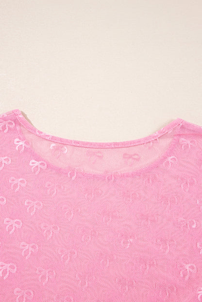 Pink Plus Size Bow Embroidered Mesh Long Sleeve Top