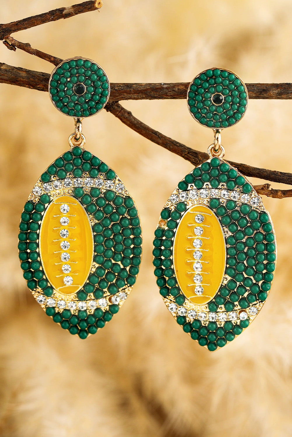 Dark Green Beaded Rhinestone Rugby Football Drop Earrings