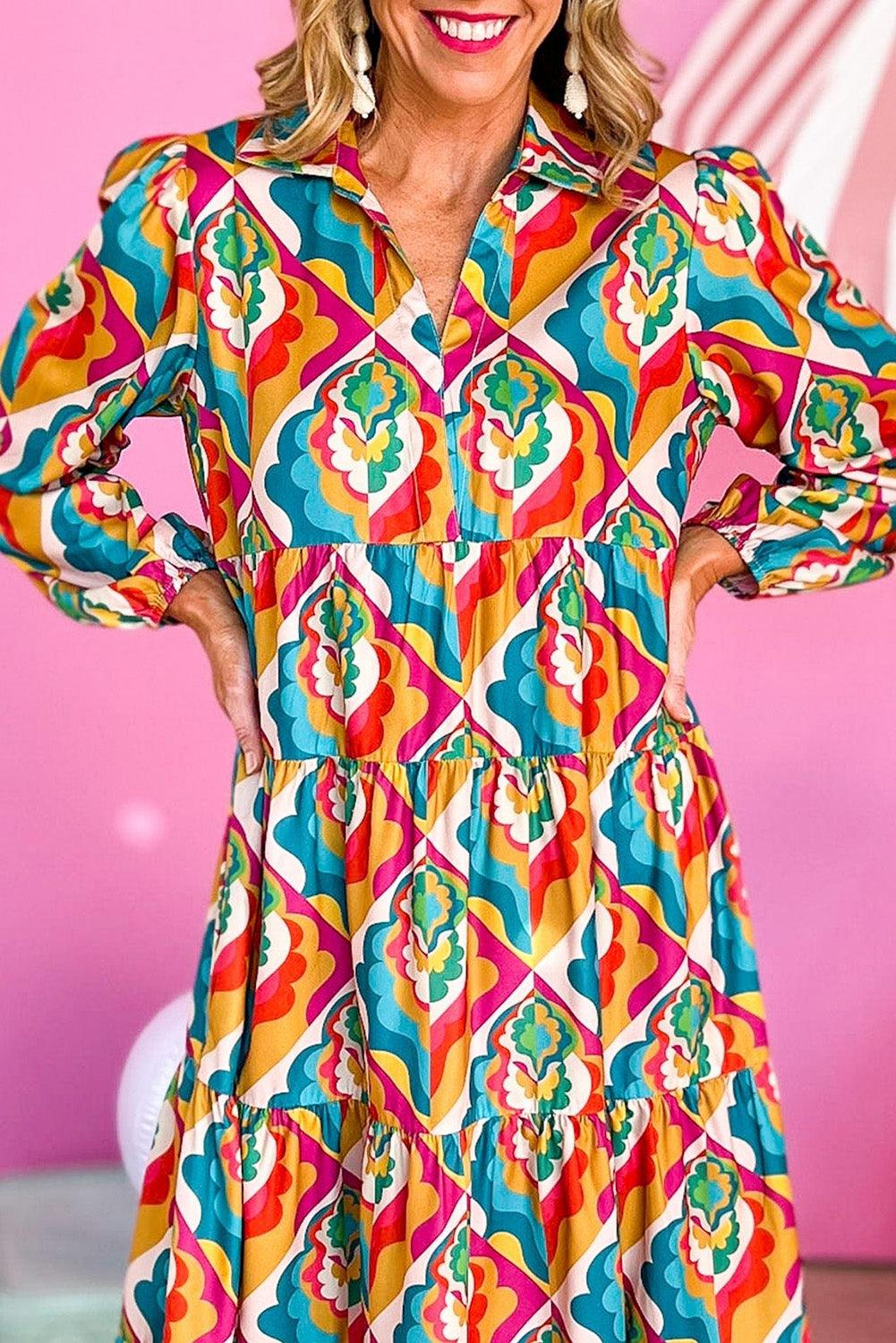 Multicolor Abstract Geometric Print Long Sleeve High Waist Dress - L & M Kee, LLC