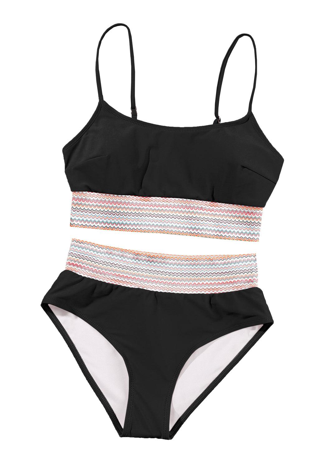 Black Striped Patchwork Spaghetti Strap High Waist Bikini Swimsuit - L & M Kee, LLC