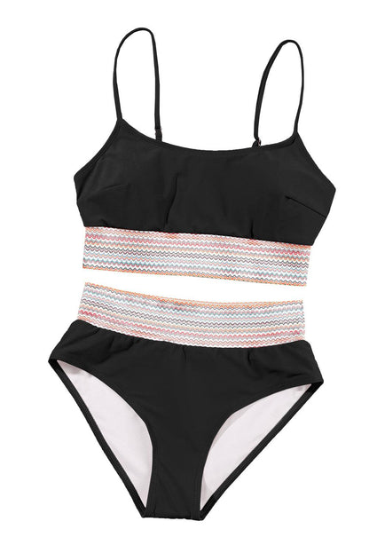 Black Striped Patchwork Spaghetti Strap High Waist Bikini Swimsuit - L & M Kee, LLC