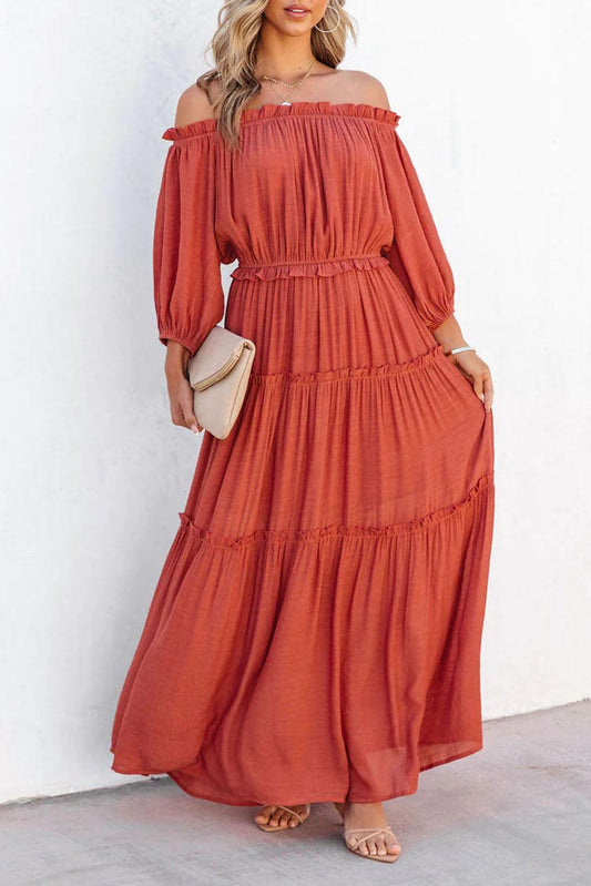 Orange Off Shoulder Balloon Sleeve Cutout Ruffled Maxi Dress - L & M Kee, LLC