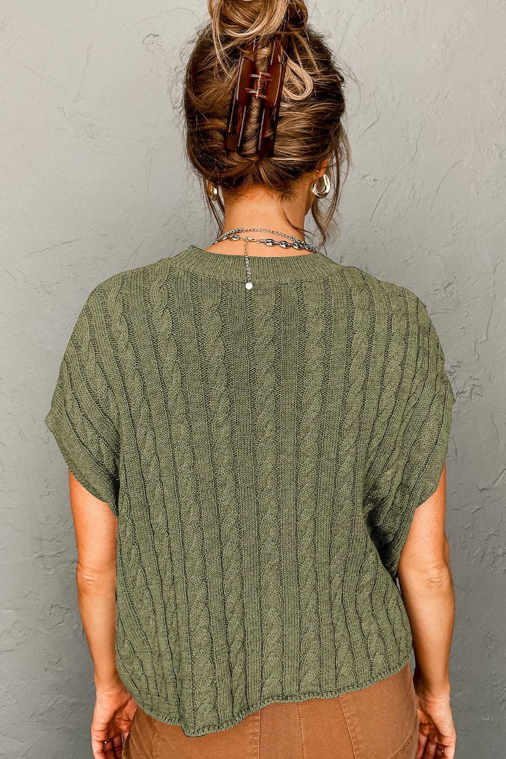 Jungle Green Crew Neck Cable Knit Short Sleeve Sweater - L & M Kee, LLC