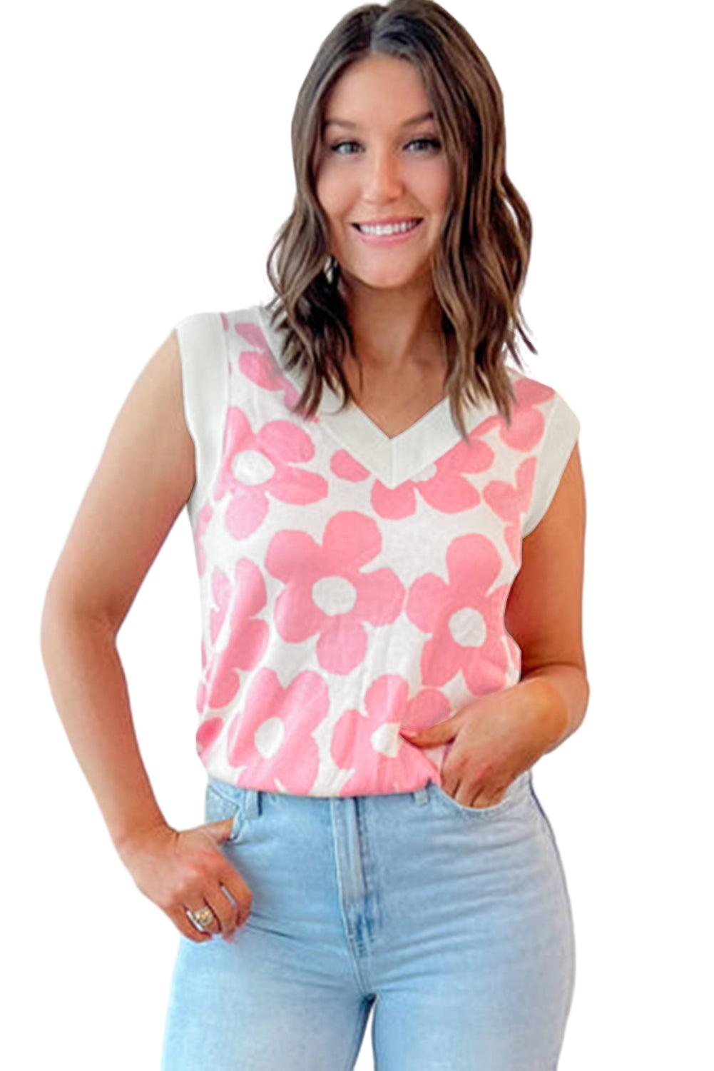 Pink Cute Flower Knitted V Neck Tank Top - L & M Kee, LLC