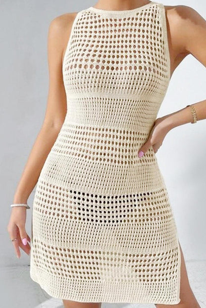 Beige Sexy Open Back Hollowed Knit Sleeveless Beach Dress - L & M Kee, LLC